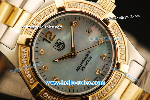 Tag Heuer Aquaracer Swiss ETA Quartz Movement Gold Bezel with Diamond - Blue MOP Dial and Two Tone Strap - Click Image to Close